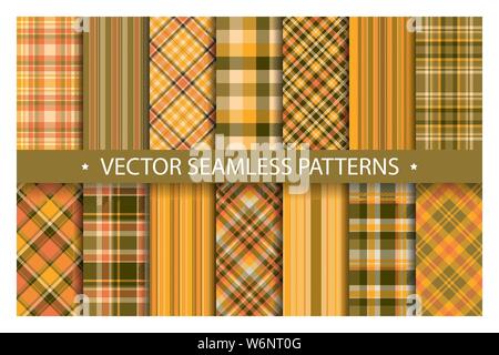 Set plaid pattern seamless. Tartan patterns fabric texture. Checkered geometric vector background. Scottish stripe blanket backdrop. Fashion cloth col Stock Vector