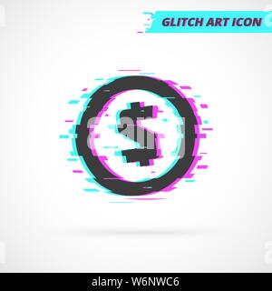 Flat Glitch Dollar Coin isolated Icon. Money coin silhouette symbol in Glitch art style in neon glow colors on light background. Future Money Vector i Stock Vector