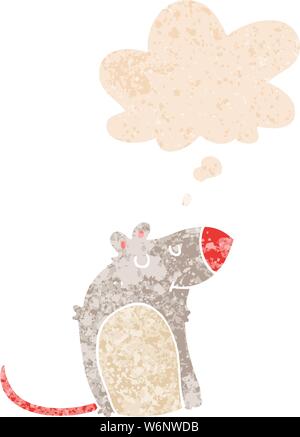 cartoon fat rat with thought bubble in grunge distressed retro textured style Stock Vector