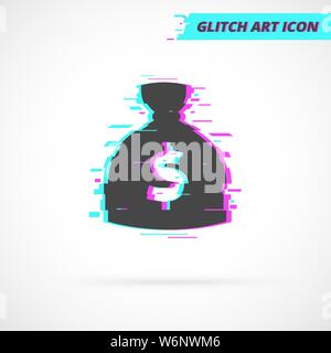 Flat Glitch Money Bag isolated Icon with USA dollar sign. Money sack futuristic vector pictogram Stock Vector