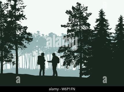 Realistic illustration of landscape with coniferous forest, two tourist, man and woman, under green spring or autumn sky - vector Stock Vector