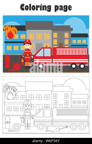 Fireman came to extinguish a fire, cartoon style, coloring page, education paper game for the development of children, kids preschool activity Stock Vector