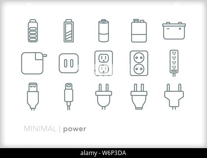 Set of 15 power line icons for charging electronics or plugging in electric appliances and items Stock Vector