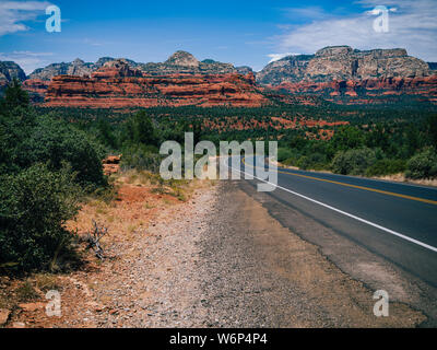 Driving on Boynton Pass Road in Sedona, Arizona towards Boynton Canyon and Mescal Mountain. Stock Photo