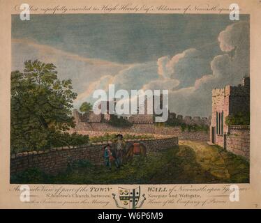 'An Inside View of the Town Wall of Newcastle upon Tyne', c1760-90. Near St. Andrew's Church, between Newgate and Westgate, with a Tower, at present the Meeting House of the Company of Paviors'.  Medieval defensive wall built c13th-14th century to protect against invading Scots. Stock Photo