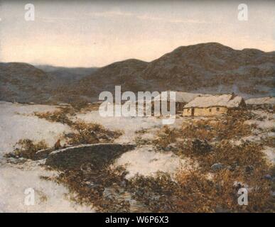 'Winter Twilight', c1904, (c1930). Figures cross a bridge leading to a remote croft in the Scottish Highlands. Painting in the Laing Art Gallery, Newcastle upon Tyne, Tyne and Wear. From &quot;Modern Masterpieces of British Art&quot;. [The Amalgamated Press Ltd., London, c1930]. Stock Photo