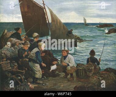 'Sons of the Sea', c1912, (c1930). Fishermen's sons fishing and playing on the shore, while their fathers work out to sea. Painting in the Glasgow Museums collection, Glasgow, Scotland. From &quot;Modern Masterpieces of British Art&quot;. [The Amalgamated Press Ltd., London, c1930] Stock Photo
