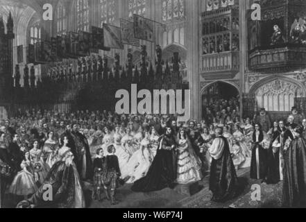 'The Marriage of the Prince of Wales with Princess Alexandra of Denmark, March 10 1863', (1901). Albert Edward, Prince of Wales (future King Edward VII, 1841-1910), married Princess Alexandra (1844-1925) at St George's Chapel, Windsor Castle. The ceremony was conducted by Charles Thomas Longley, Archbishop of Canterbury. From &quot;The Illustrated London News Record of the Glorious Reign of Queen Victoria 1837-1901: The Life and Accession of King Edward VII. and the Life of Queen Alexandra&quot;. [London, 1901] Stock Photo