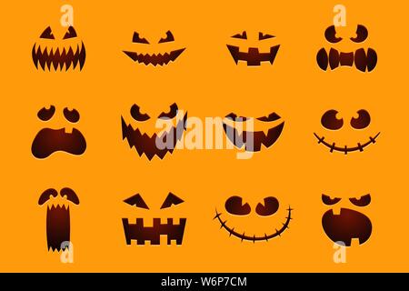 Halloween monster jack lantern pumpkin carved glowing scary face set on orange background. Holiday cartoon character collection for celebration design. Vector spooky illustration Stock Vector