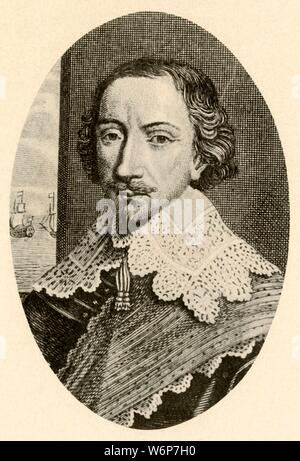 'Portrait of Sir John Pennington, showing English armour and Vandyke collar. Reign of Charles I.', c1610-1630, (1937). John Penington (1584-1646), English admiral and  vice-admiral under Sir Walter Raleigh.  From &quot;History of American Costume - Book One 1607-1800&quot;, by Elisabeth McClellan. [Tudor Publishing Company, New York, 1937] Stock Photo