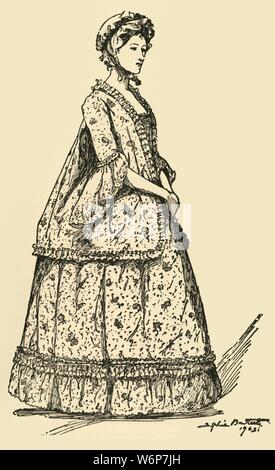 'Picture of a short Watteau sacque worn over a petticoat to match and trimmed with ruchings of the same, c1750-1800', 1903, (1937). From &quot;History of American Costume - Book One 1607-1800&quot;, by Elisabeth McClellan. [Tudor Publishing Company, New York, 1937] Stock Photo