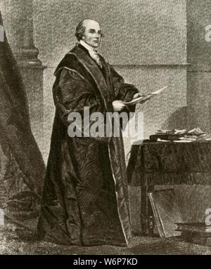'Portrait of John Jay in his robes as First Chief Justice of the United States', c1780, (1937). John Jay (1745-1829)  American statesman, patriot, diplomat and founding Father of the United States. From &quot;History of American Costume - Book One 1607-1800&quot;, by Elisabeth McClellan. [Tudor Publishing Company, New York, 1937] Stock Photo