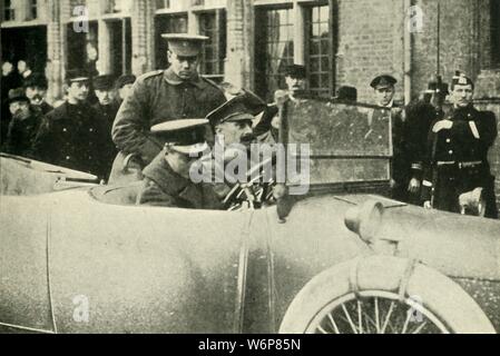 'The Prince of Wales in Flanders', First World War, December 1914, (1920). 'His Royal Highness [future King Edward VIII, (1894-1972), here aged 20]...leaving for the British Head-quarters after the Royal Visit to the King of the Belgians', [Albert I]. From &quot;The Great World War - A History&quot; Volume II, edited by Frank A Mumby. [The Gresham Publishing Company Ltd, London, c1920] Stock Photo