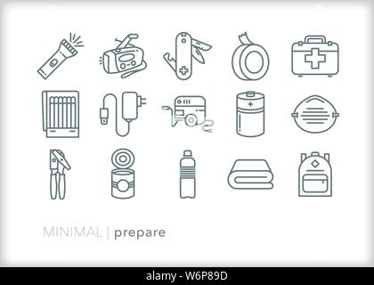 Set of 15 preparedness line icons for emergencies and weather disasters Stock Vector