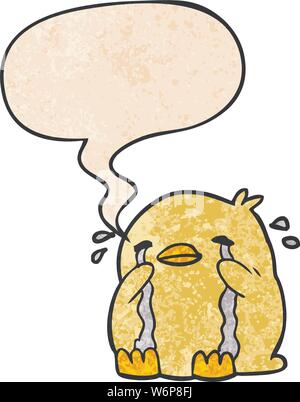 cartoon crying bird with speech bubble in retro texture style Stock Vector