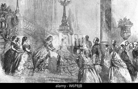 'The Prince of Wales' First Visit to France, 1855: The Reception at the Palace of St. Cloud by the Empress Eugenie, August 18', (1901). Prince Albert Edward (1841-1910), the future King Edward VII, is welcomed at the Ch&#xe2;teau de Saint-Cloud near Paris by the Empress Eug&#xe9;nie (1826-1920). From &quot;The Illustrated London News Record of the Glorious Reign of Queen Victoria 1837-1901: The Life and Accession of King Edward VII. and the Life of Queen Alexandra&quot;. [London, 1901] Stock Photo