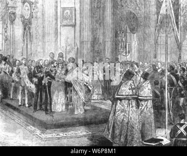 'The Marriage of The Duke of Edinburgh with The Grand Duchess Marie Alexandrovna, in The Winter Palace at St. Petersburg, January 23, 1874', (1901). Prince Alfred (1844-1900), son of Queen Victoria, married Maria Alexandrovna of Russia (1853-1920) in an Orthodox service at the Grand Church of the Winter Palace, St Petersburg, Russia. From &quot;The Illustrated London News Record of the Glorious Reign of Queen Victoria 1837-1901: The Life and Accession of King Edward VII. and the Life of Queen Alexandra&quot;. [London, 1901]
