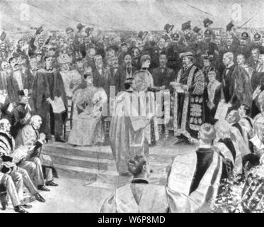 'Princess Alexandra receiving the Degree of Doctor of Music from the Prince as Chancellor of the Welsh University, June 26, 1896', (1901). Princess Alexandra of Denmark (1844-1925, future Queen Alexandra) is awarded her doctorate by her husband, Prince Albert Edward (1841-1910), the future King Edward VII, at  Cardiff in Wales. From &quot;The Illustrated London News Record of the Glorious Reign of Queen Victoria 1837-1901: The Life and Accession of King Edward VII. and the Life of Queen Alexandra&quot;. [London, 1901] Stock Photo