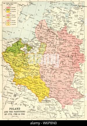 'Poland and the Partitions of 1772, 1793 &amp; 1795', (c1920). Map showing how territory in Europe was divided between the empires of Russia, Prussia and Austria in the 18th century. From &quot;The Great World War - A History&quot; Volume IV, edited by Frank A Mumby. [The Gresham Publishing Company Ltd, London, c1920] Stock Photo