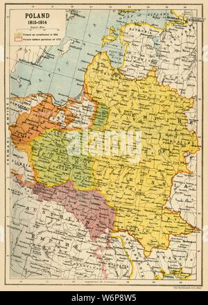 'Poland, 1815-1914', (c1920). Map showing Polish territory from the end of the 18th century until the First World War: 'Poland as constituted in 1815', and 'Poland before partition of 1772'. From &quot;The Great World War - A History&quot; Volume IV, edited by Frank A Mumby. [The Gresham Publishing Company Ltd, London, c1920] Stock Photo