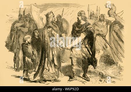 'Meeting of Edmund Ironside and Canute, on the Isle of Alney, in the Severn', c1890. Edmund Ironside (c990-1016) meets King Canute (c995-1035) on Alney Island in the River Severn, Gloucestershire to negotiate a peace agreement following the Battle of Assandun. From &quot;Cassell's Illustrated History of England&quot;. Stock Photo