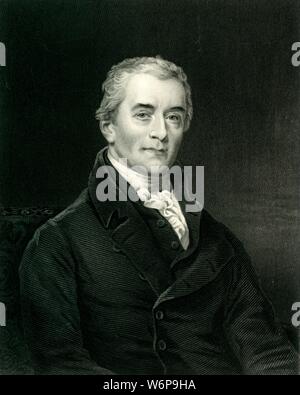 'Sir Samuel Romilly', c1790, (c1884). Samuel Romilly (1757-1818), British lawyer, abolitionist, politician and legal reformer, largely self-educated from a Huguenot family, he entered Gray's Inn and was made a King's Counsel in 1800.  From &quot;Leaders of the Senate: A Biographical History of the Rise and Development of the British Constitution, Vol. I.&quot;, by Alexander Charles Ewald, F.S.A. [William Mackenzie, London, Edinburgh &amp; Berlin] Stock Photo