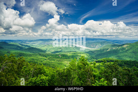 Panorama view of the Danube bend with beautiful clouds from Dobogoko in the summer, Hungary Stock Photo
