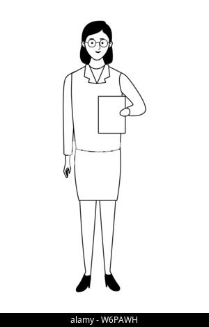 Secretary with glasses and clipboard cartoon in black and white Stock ...