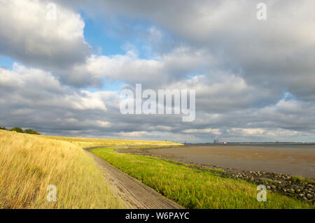 A freight ship sailing on the Western Scheldt at low tide and the dike used as farmland with the Doel nuclear power plant cooling towers in the backgr Stock Photo