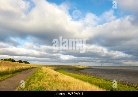 The Western Scheldt at low tide and the dike used as farmland with the Doel nuclear power plant cooling towers in the background on Walcheren in Zeela Stock Photo