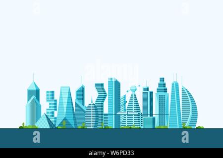 Detailed future city with different architecture buildings skyscrapers apartments and trees. Futuristic multi-storey cyberpunk graphic cityscape town. Vector real estate construction eps illustration Stock Vector