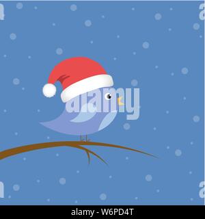 cute little bird sitting on a branch in winter with christmas hat vector illustration EPS10 Stock Vector