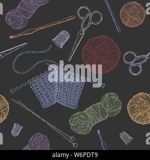 Seamless pattern with vintage knitting tools on black. Based on hand drawn sketch. Hobby class series. Stock Vector