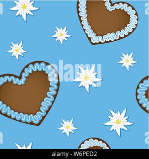 seamless pattern gingerbread heart and edelweiss flower bavaria design vector illustration EPS10 Stock Vector