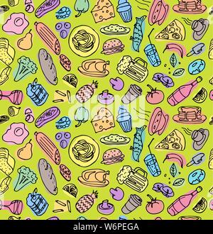 Various hand drawn food cookery dishes doodle outline colorful sketch seamless pattern on green background. Vector drawing cooking cartoon icon art illustration Stock Vector