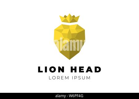 Polygonal geometric low poly gold lion head with crown. Branding royal emblem. Triangle origami polygon heraldic yellow vector illustration Stock Vector