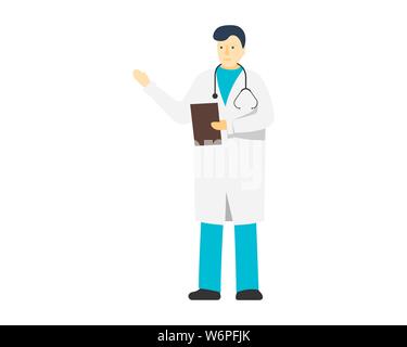 Young doctor male standing. Medicine hospital staff professional. White man character with stethoscope. Vector flat medical person illustration Stock Vector