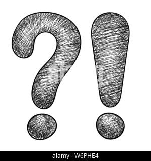 Question and Exlamation marks. Hand drawn sketch in grunge style Stock Vector