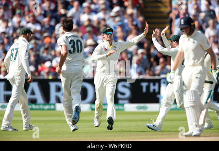 Australia's Cameron Bancroft (centre) celebrates catching England's Jos Buttler during day two of the Ashes Test match at Edgbaston, Birmingham. Stock Photo