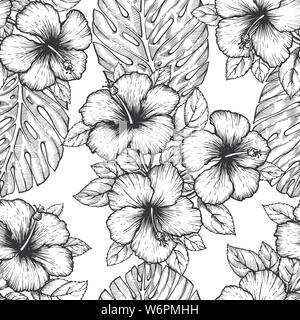 Hand drawn tropical hibiscus flower. Seamless floral pattern with palm leaves on white background. Exotic engraving wallpaper for textile, surface des Stock Vector