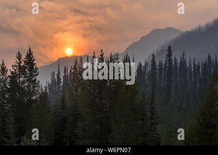 Forest Fire Smoke in Kootenay National Park, British Columbia, Canada Stock Photo