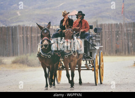 Cowboys on a horse drawn carriage at Fort Bravo / Texas Hollywood, Almeria, Spain Stock Photo