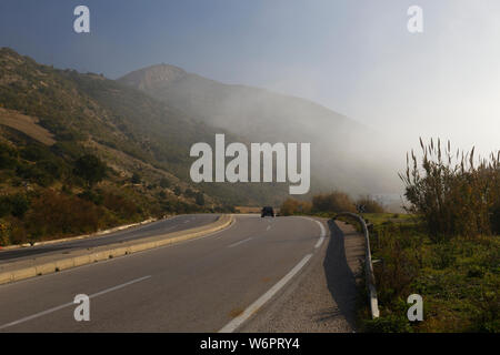 Roadside vegetation in Morocco few miles away from Tangier on the highway like pampas grass or some crop against blue sky and traffic on the road. Stock Photo