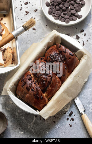 Home made chocolate babka in baking pan Stock Photo