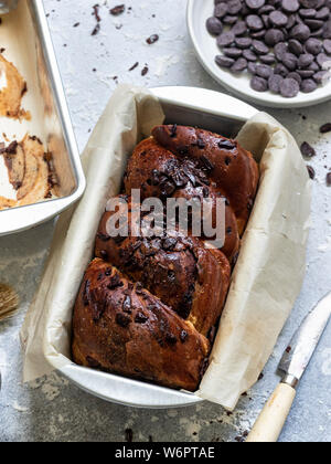 Home made chocolate babka in baking pan Stock Photo