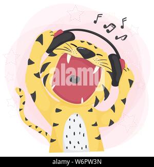 flat vector cute tiger open wild mouth listening to music and singing Stock Vector