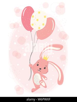 cute happy pink bunny with crown holding pink star balloons flat vector Stock Vector