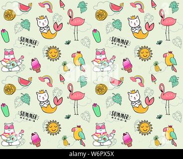 cute doodle summer collection pattern seamless flat vector illustration Stock Vector