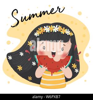 cute tan girl with flower chaplet crown eat watermelon in Summer Stock Vector