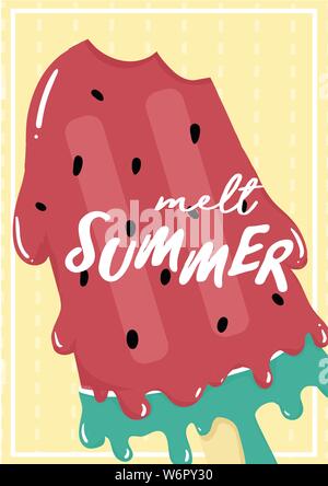cute sweet red watermelon melted ice cream popsicle summer card with melt summer text flat vector icecream cone waffle idea for printable card, kid st Stock Vector